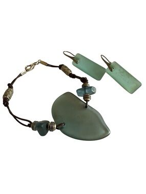 Handcrafted Sea Glass Bracelet & Earring Set Aqua Blue Coastal Boho Jewelry